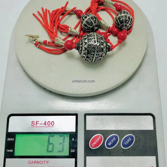 Handmade Red Beaded Necklace with Tribal Tassel Pendant, Beaded Chain Necklace - Picture 10 of 13